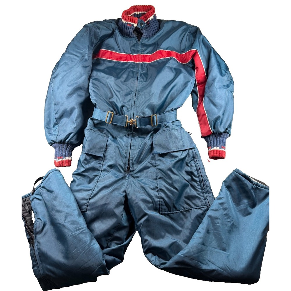 Vtg 70s Sears Insulated Ski Snowmobile Suit Mens M 38-40 Blue Red Belted
